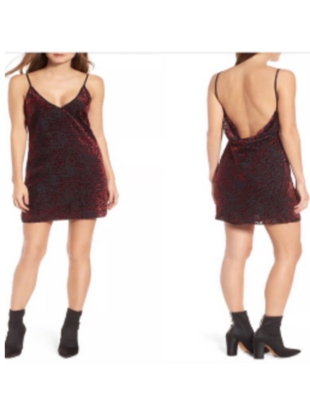 WAYF Lamont Cowl Back Minidress in a red/black velvet burnout animal print M